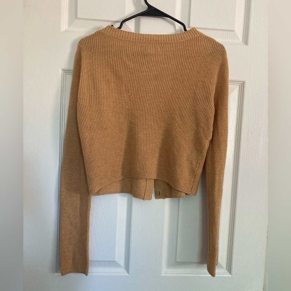 AmericanEagle waffle cropped lightweight cardigan crewneck gold/yellow medium - Picture 4 of 11